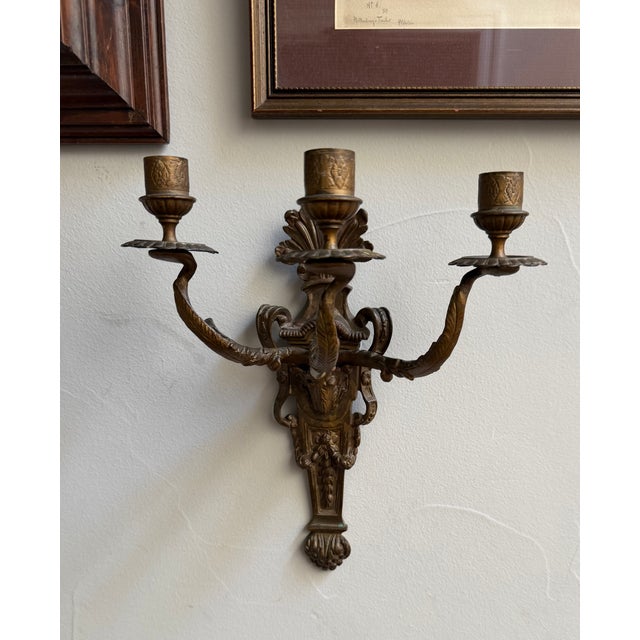 Late 19th Century Antique 19th-Century Louis XVI Style Patinated Bronze Three-Light Wall Sconce For Sale - Image 5 of 13