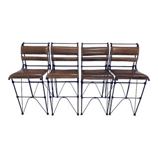 Set of Four Ilana Goor Attributed Brown Leather and Iron Bar Stools For Sale