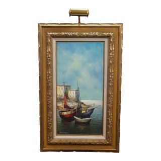 Late 20th Century Eleonore Guinther Nautical Maritime Fishing Boats Harbor Oil Painting 33" For Sale
