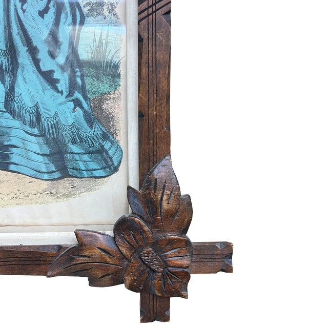 Brown Pair of Victorian Fashion Engravings in Carved Black Forest Frames, 19th C. For Sale - Image 8 of 17
