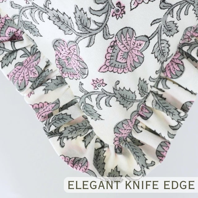 Industrial Block Print Ruffle Throw Pillow Decorative Ruffle Accent Cushion for Home Décor and Styling 22x22 Inch- Madubala For Sale - Image 3 of 6