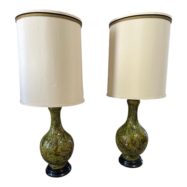 Pair of Tall (41”) Green Vintage Lamps For Sale