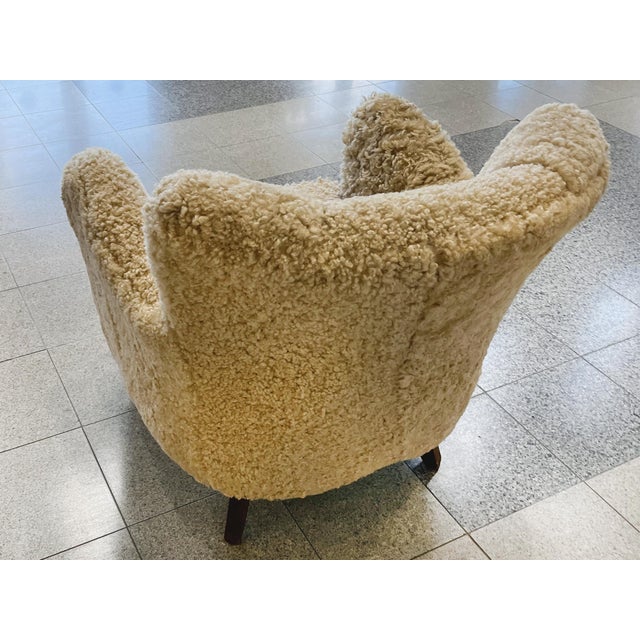 Wood Danish Modern Lounge Chair in Shearling in the Style of Fritz Hansen For Sale - Image 7 of 14