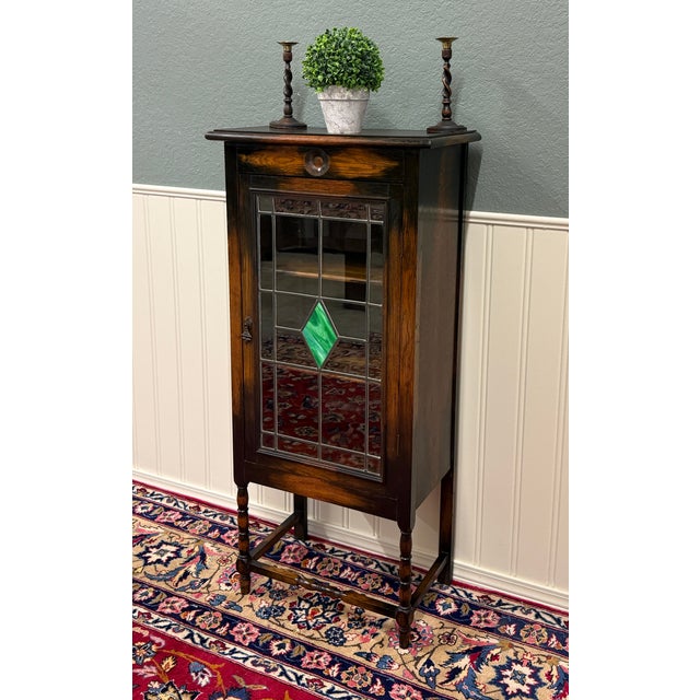 Antique English Arts & Crafts Oak Leaded Stained Glass Bookcase Cabinet c.1930s For Sale - Image 10 of 17