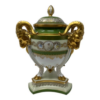 Antique Royal Bavaria “Louis Seize” Hand-Painted Portrait Urn With Ram Head Handles, Circa 1900 For Sale