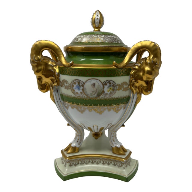 Antique Royal Bavaria “Louis Seize” Hand-Painted Portrait Urn With Ram Head Handles, Circa 1900 For Sale