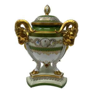 Antique Royal Bavaria “Louis Seize” Hand-Painted Portrait Urn With Ram Head Handles, Circa 1900