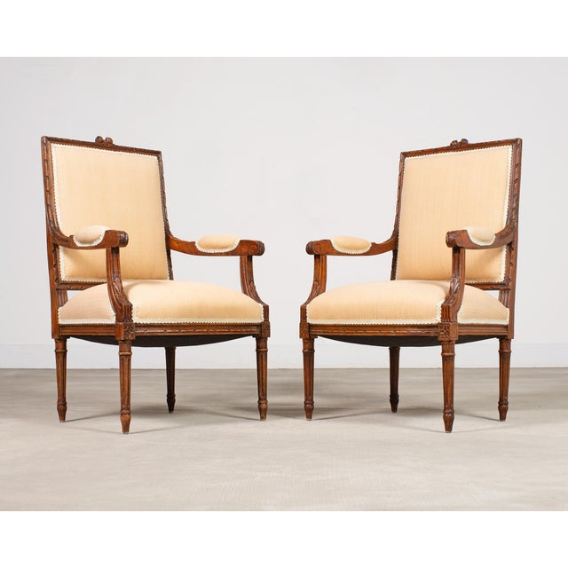 Beige Pair of French Louis XVI Carved Walnut Fauteuil Armchairs For Sale - Image 8 of 17