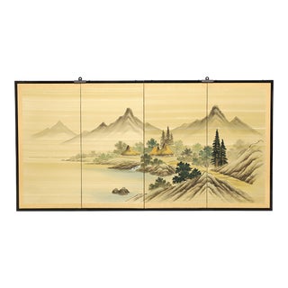 Mid 20th Century Japanese Four-Panel Folding Screen - Mountain Village on Lake For Sale