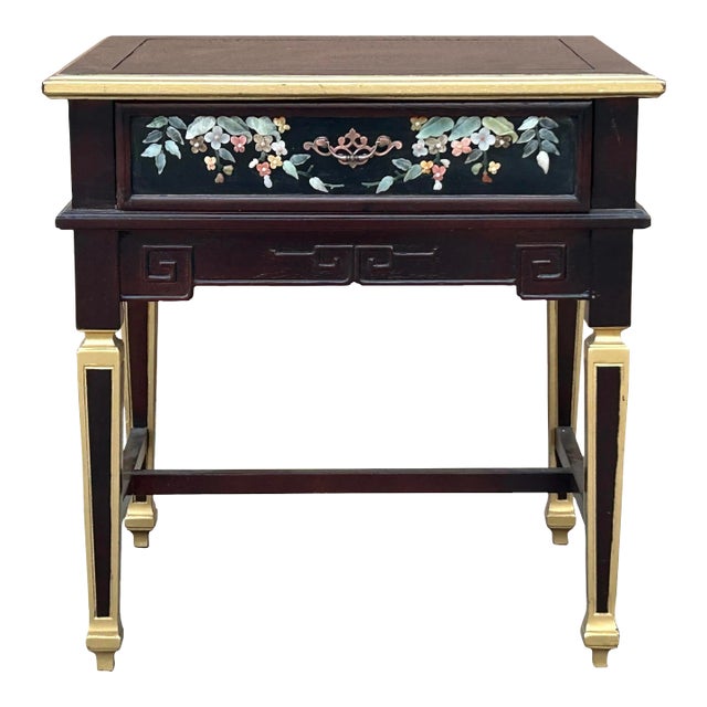 Vintage Chinese Rectangular Color Stone Flower Inlay Accent Side Table For Sale