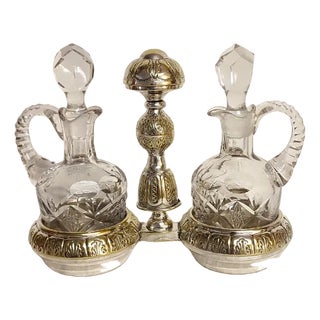Metal and Carved Glass Vinegar Set, France, 1950s, Set of 3 For Sale