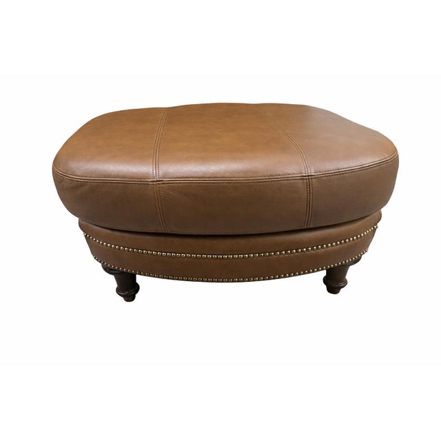 Late 20th Century Classic Caramel Brown Leather Nailhead Ottoman / Coffee Table Pouf For Sale - Image 6 of 7