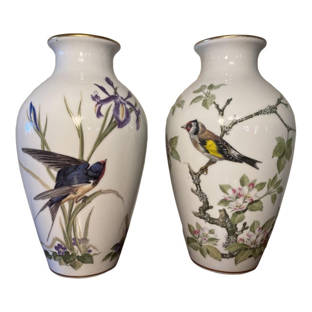 Pair of Vintage Franklin Porcelain Bird and Floral Vases For Sale