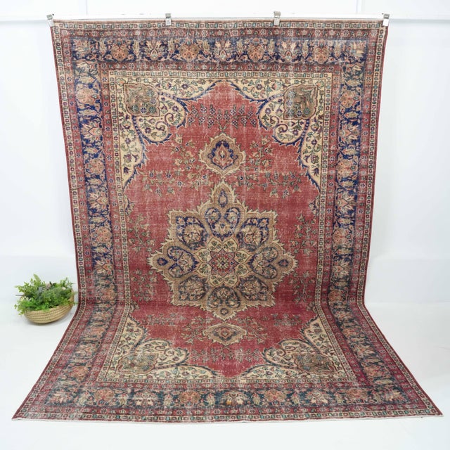 1970s Vintage Turkish Oushak Handmade Wool Cotton Red Area Rug For Sale In San Francisco - Image 6 of 11