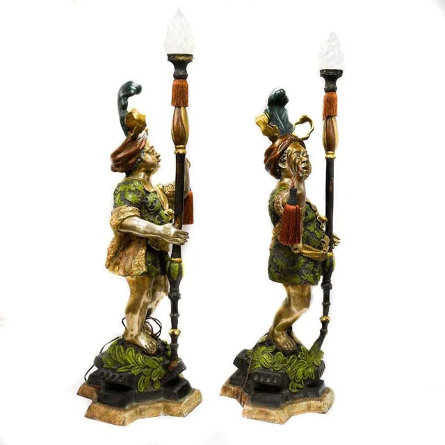Hollywood Regency Pair of 62-Inch Italian Venetian Revival Figural Floor Lamps, Hollywood Regency Style For Sale - Image 3 of 4