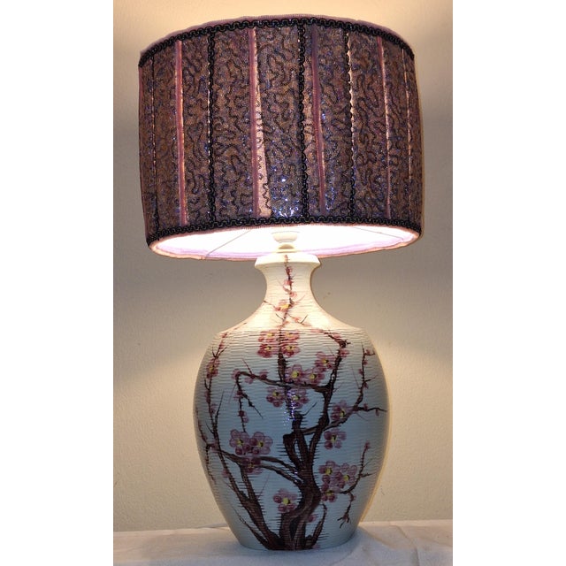 Vintage White Ceramic Table Lamp with Cherry Blossom Motif and Fabric Shade, 1970s For Sale - Image 6 of 10