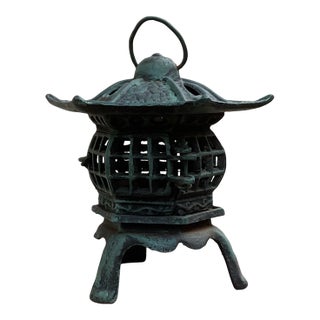 Vintage Japanese Iron Pagoda Lantern With Green Patina For Sale