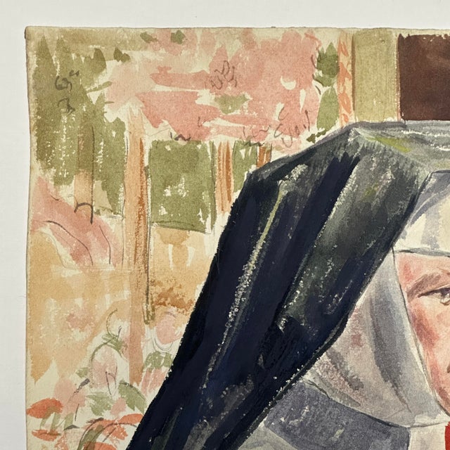 Vintage Expressionist Portrait of a Nun by Marlene Miller, Signed (c. 1950, Watercolor on Paper). Unframed. In good...