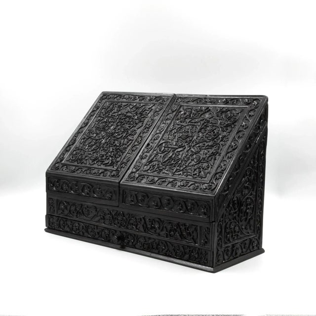 Wood Mid 19th Century Anglo-Indian Carved Solid Ebony Stationery Box For Sale - Image 7 of 11