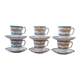 Vintage Crown Staffordshire Lyric Tunis Blue Fine Bone China – 6 Small Teacups & Saucers – 12 Piece Set – England For Sale