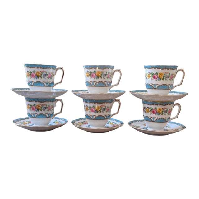 Vintage Crown Staffordshire Lyric Tunis Blue Fine Bone China – 6 Small Teacups & Saucers – 12 Piece Set – England For Sale