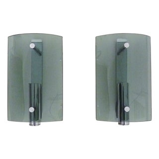 Vintage Italian Wall Lights in Bluish Smoked Glass and Chrome, 1970s, Set of 2 For Sale