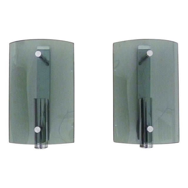 Vintage Italian Wall Lights in Bluish Smoked Glass and Chrome, 1970s, Set of 2 For Sale