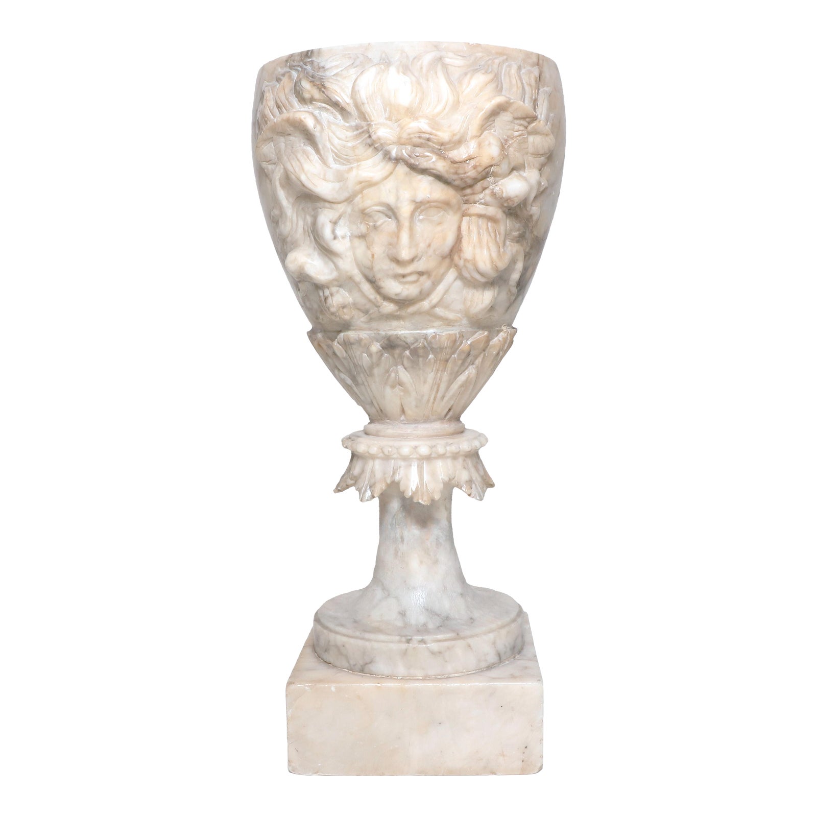 19th Century Hand-Carved Alabaster Goblets With Dionysus Head | Chairish