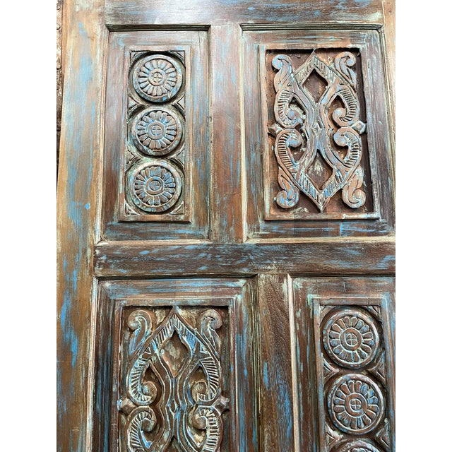 Vintage Lotus Carved Wood Door | Distressed Blue Sliding Barn Door 80x36 For Sale In Orlando - Image 6 of 7