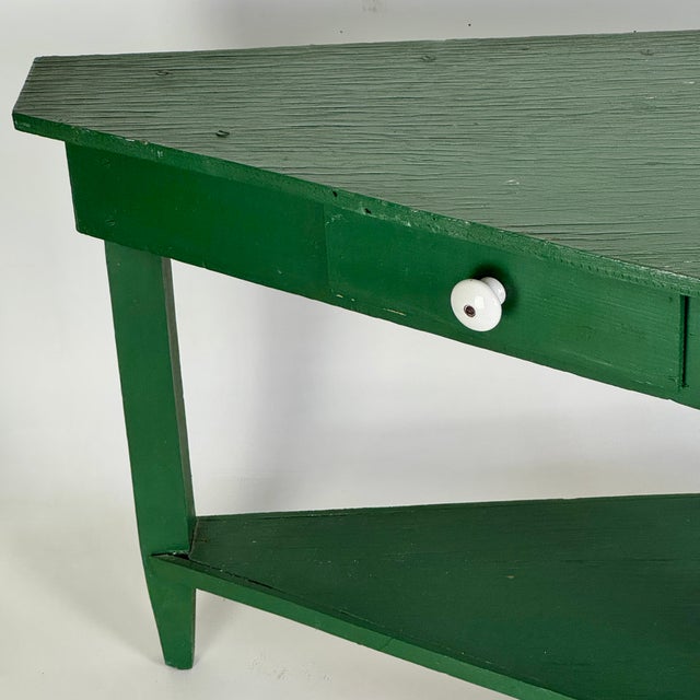 Mid 20th Century Primitive Hand Made Green Wooden Corner Table With One Drawer for Indoor or Enclosed Garden For Sale - Image 4 of 13