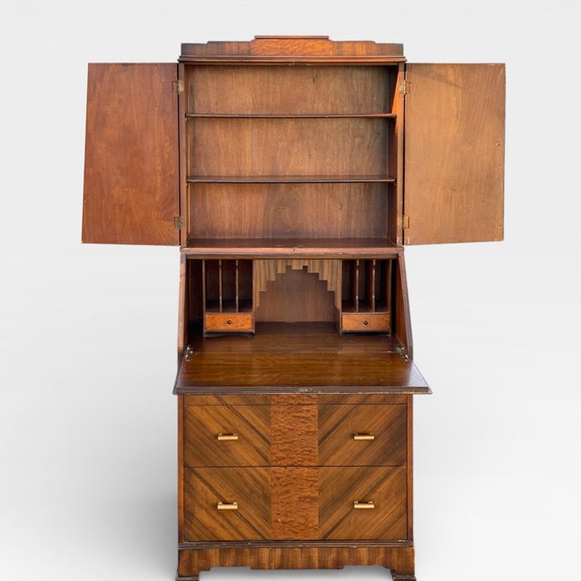Mid 20th Century Art Deco Secretary Desk With Drop-Front Writing Surface and Chevron Veneer, 1930s For Sale - Image 5 of 12