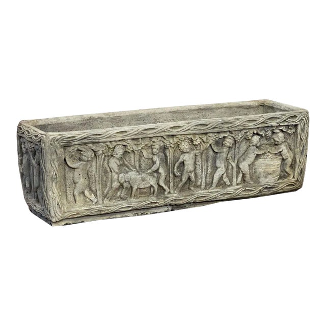 English Garden Stone Trough or Planter With Cherub Relief For Sale