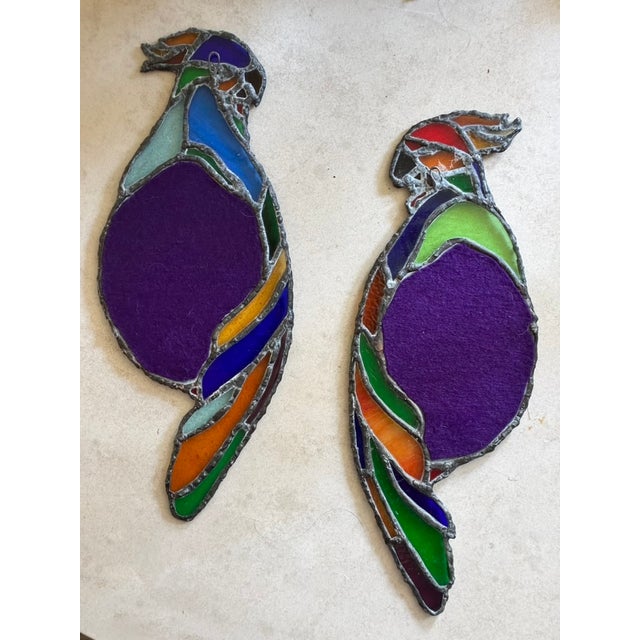Vintage Mid-Century Leaded Stained Glass Parrot Wall Mirrors - A Pair For Sale - Image 4 of 4