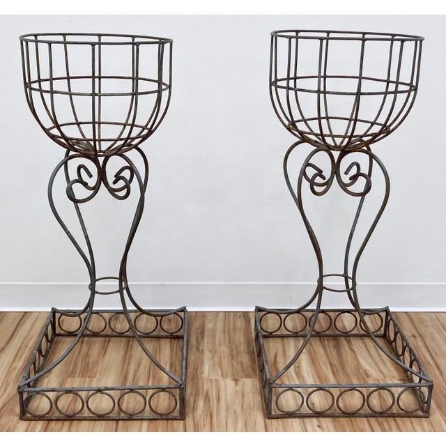 Art Nouveau Vintage French Art Nouveau Style Jardiniere Iron Plant Stands, Pair For Sale - Image 3 of 11