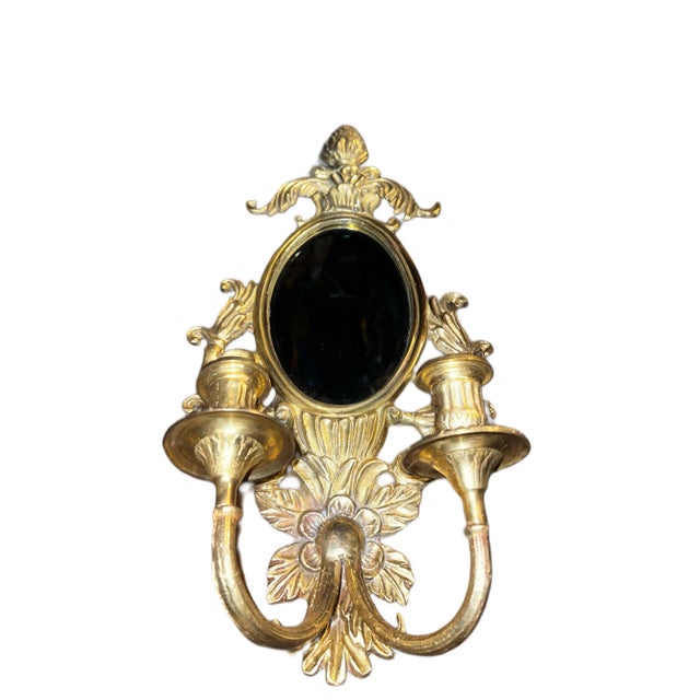 Vintage Art Nouveau Mirrored Candle Sconces Cast in Solid Brass - a Pair For Sale - Image 4 of 5