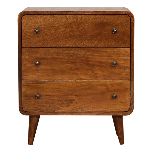 Compact Curved Mango Wood Chest With Brass Knobs For Sale
