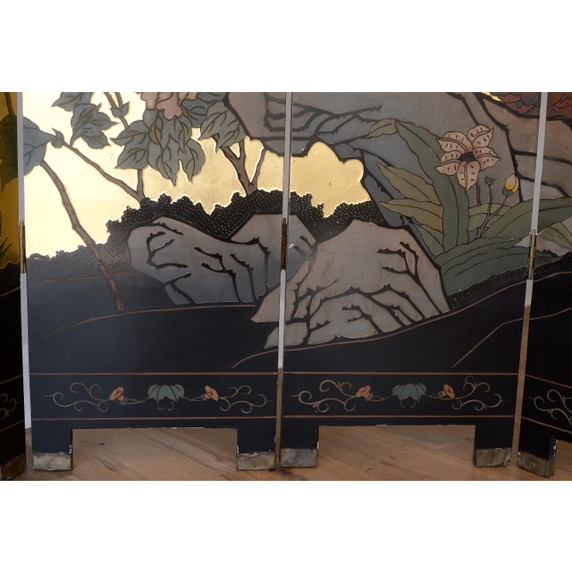 Gold Vintage Asian Gold Leaf Coromandel 4-Panel Folding Screen With Birds in Nature Scenes For Sale - Image 8 of 18