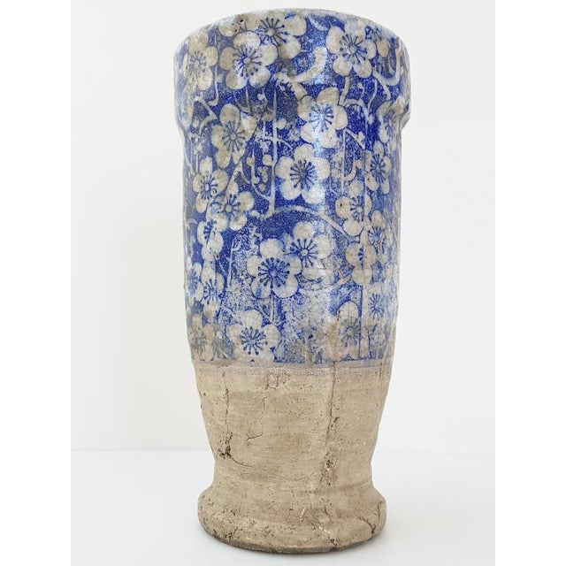 Terracotta Ceramic Vase with Blue and White Flowers For Sale - Image 11 of 11