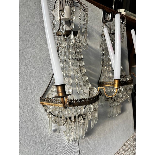 Vintage Empire Style Crystal Cascade Sconces – a Pair For Sale - Image 13 of 16