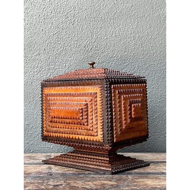 Early 20th Century Vintage Tramp Art Wood Box on Pedestal For Sale - Image 5 of 17