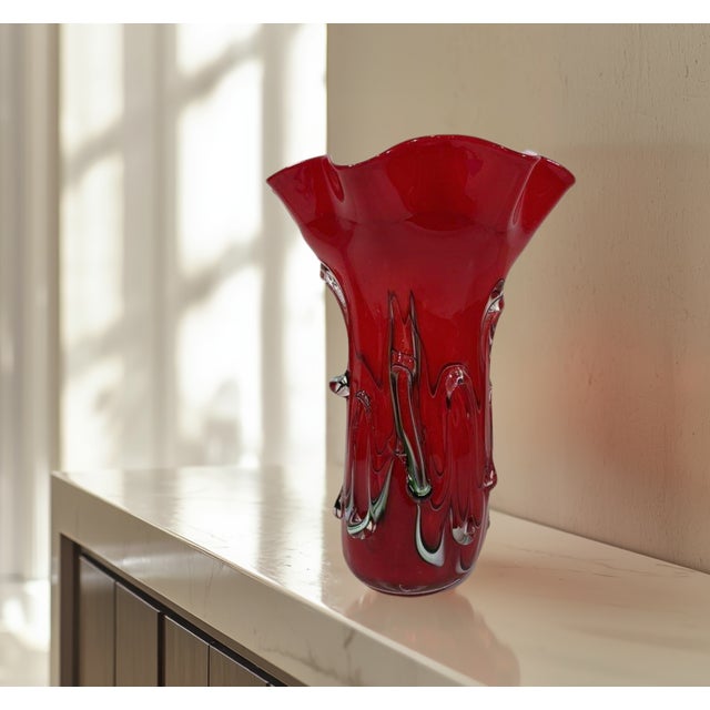 Red Vintage Fazzoletto Murano Textured Red Art Glass Vase For Sale - Image 8 of 14