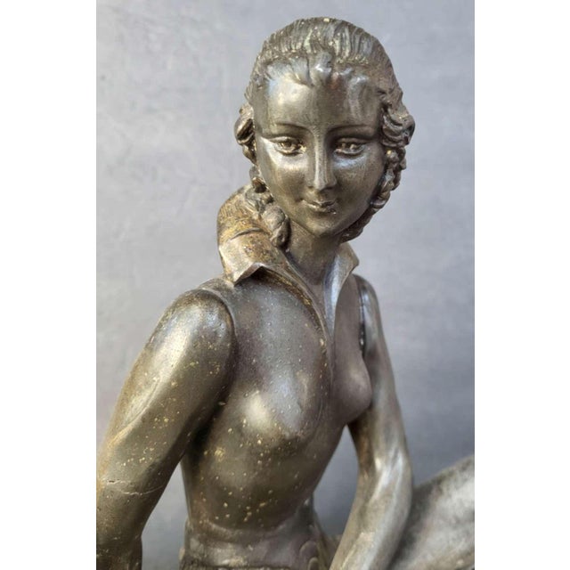 Art Deco 1920s Art Deco Period Statue Woman and Dog on Marble Base For Sale - Image 3 of 12
