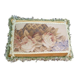 Large Vintage Woven Roses Tapestry Cushion With Camel Velvet Backing For Sale