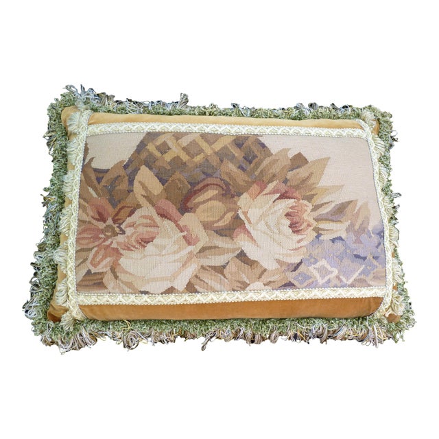 Large Vintage Woven Roses Tapestry Cushion With Camel Velvet Backing For Sale