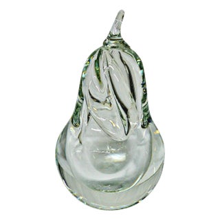 Hand Blown Clear Glass Pear Paperweight For Sale