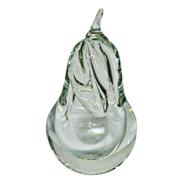 Hand Blown Clear Glass Pear Paperweight For Sale