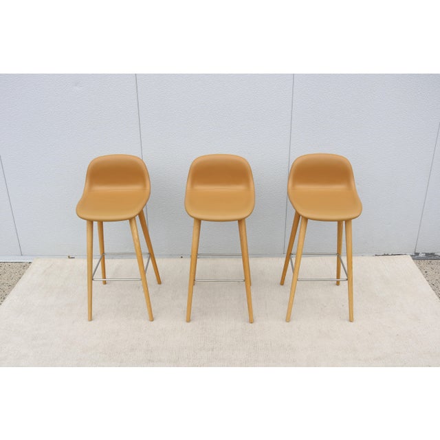2020s Danish Iskos-Berlin for Muuto Brown Leather Fiber Bar Stools Oak Base - Set of 3 For Sale - Image 5 of 18