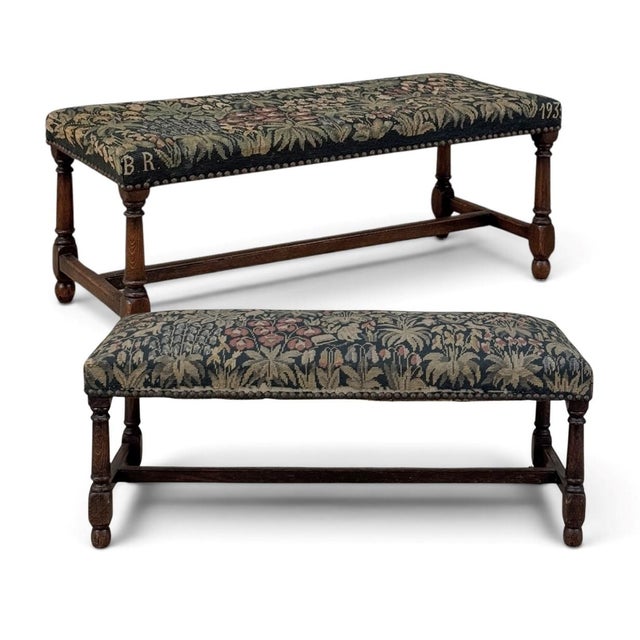 Handmade needlepoint gives this antique bench the appearance of a miniature historic tapestry, with flowers, fruit, birds,...