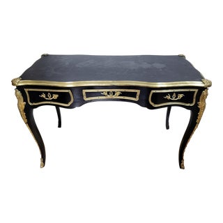 Antique French Louis XV Style Black Lacquered & Bronze Leather Top Bureauplat Writing Desk For Sale