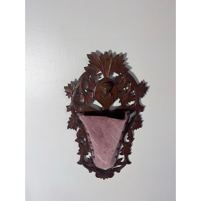 Rustic Antique Black Forest Carved Walnut Wall Pocket With Female Portrait For Sale - Image 3 of 9